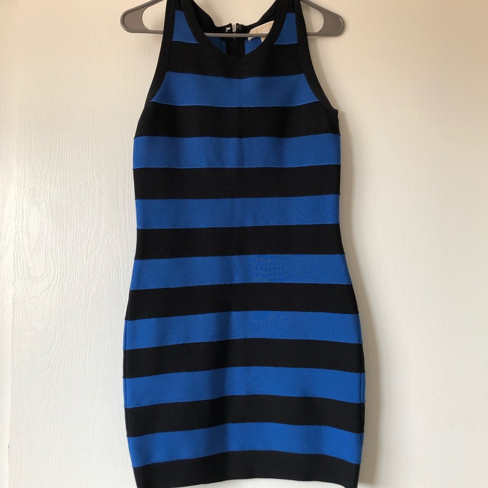 Michael Kors black + blue stretchy fitted midi